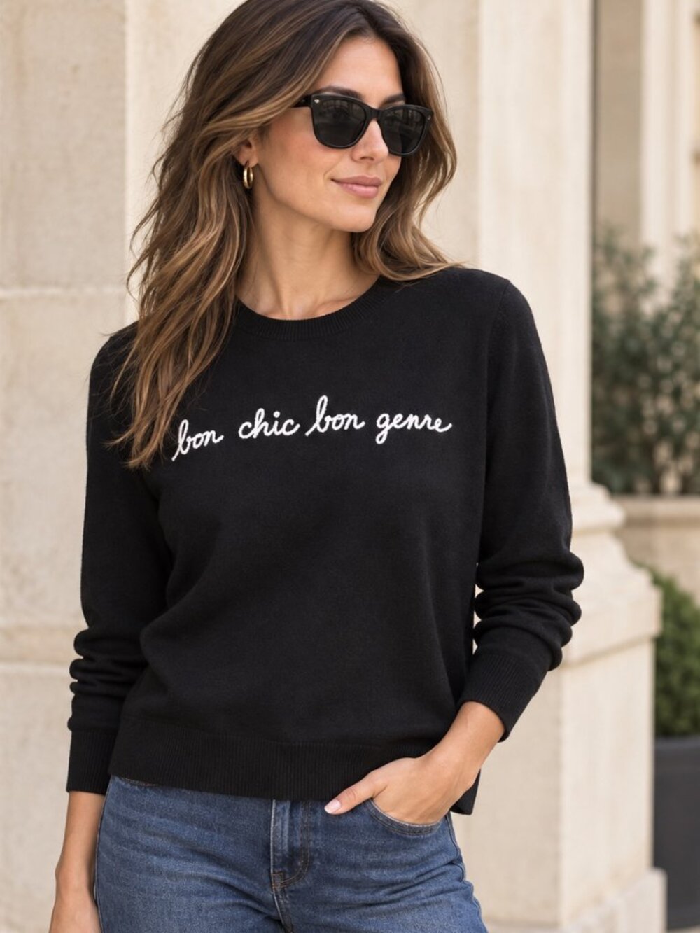 BCBG Embroidered Parisian Crew Neck Sweater Womens Size M Black Preppy Old Money